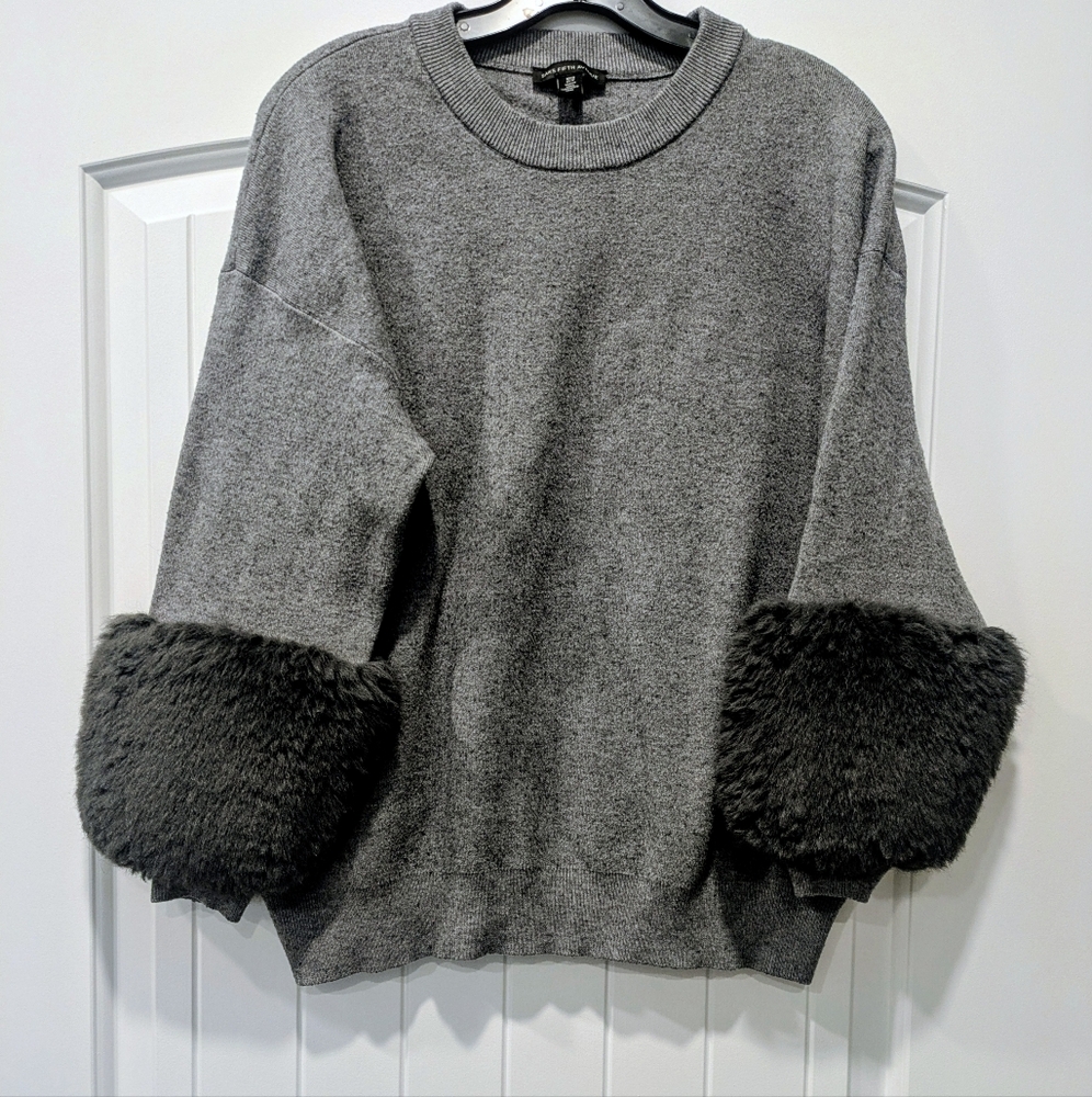 Saks Fifth Avenue Cozy Grey Sweater with Faux Fur Cuffs